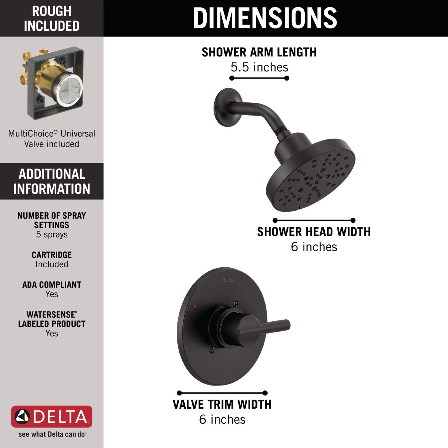 Matte black shower system with 6-inch showerhead, curved arm, and valve trim with lever handle.