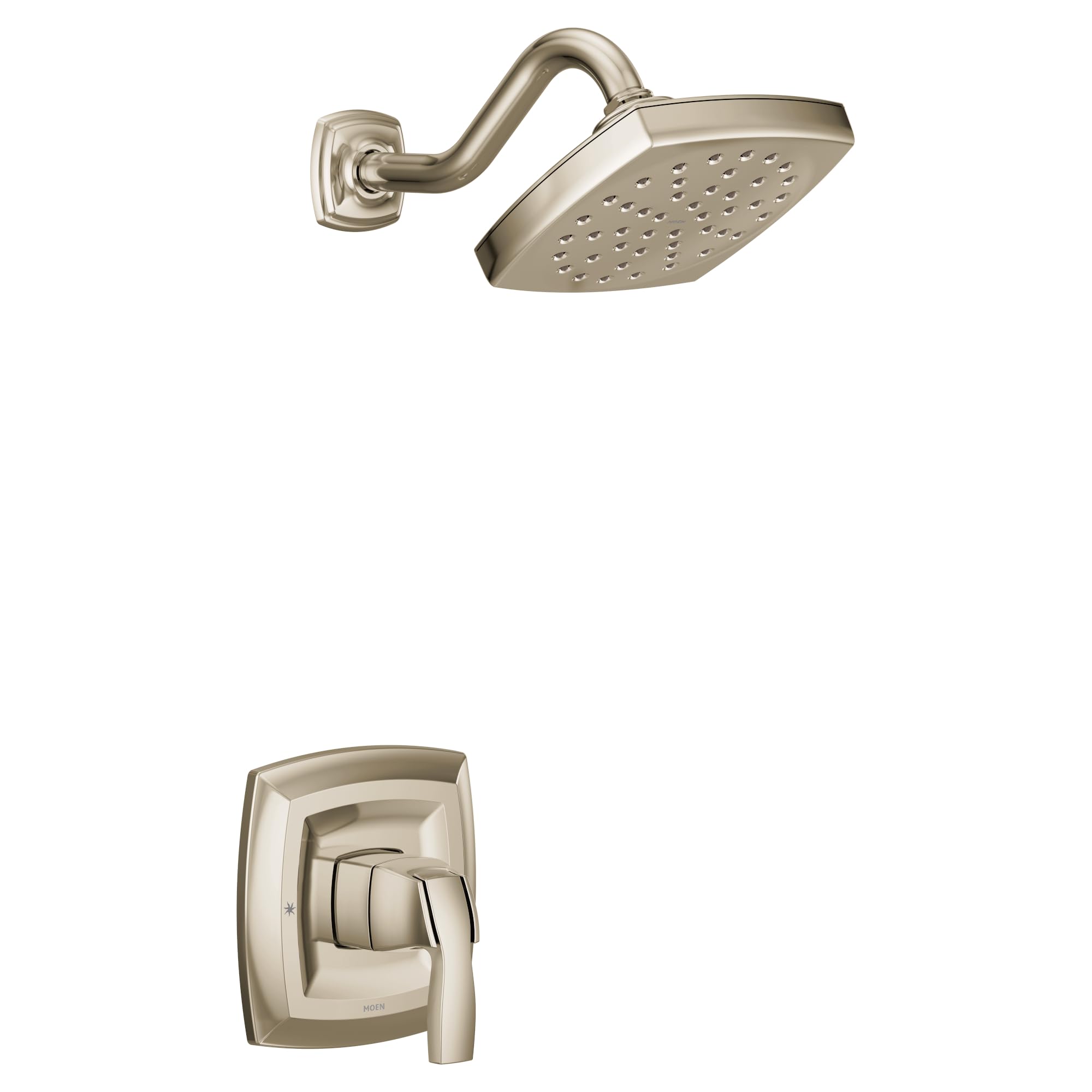 Polished nickel shower trim kit with single handle control, curved arm, and rectangular showerhead with spray holes.