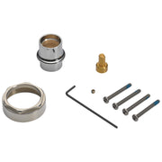 Chrome plumbing extension kit components including threaded adapter, ring, brass fitting, hex wrench, and mounting screws.