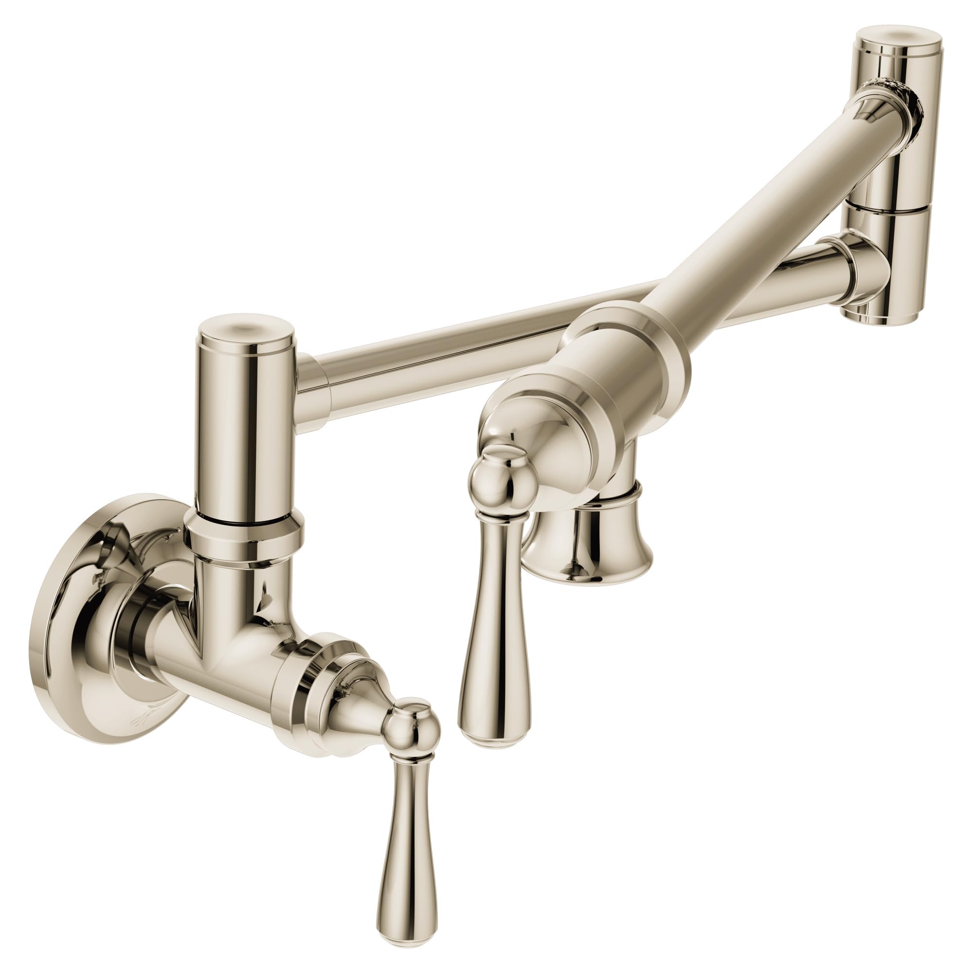 Polished nickel wall-mount pot filler faucet with swing arm and dual lever handles in traditional style.