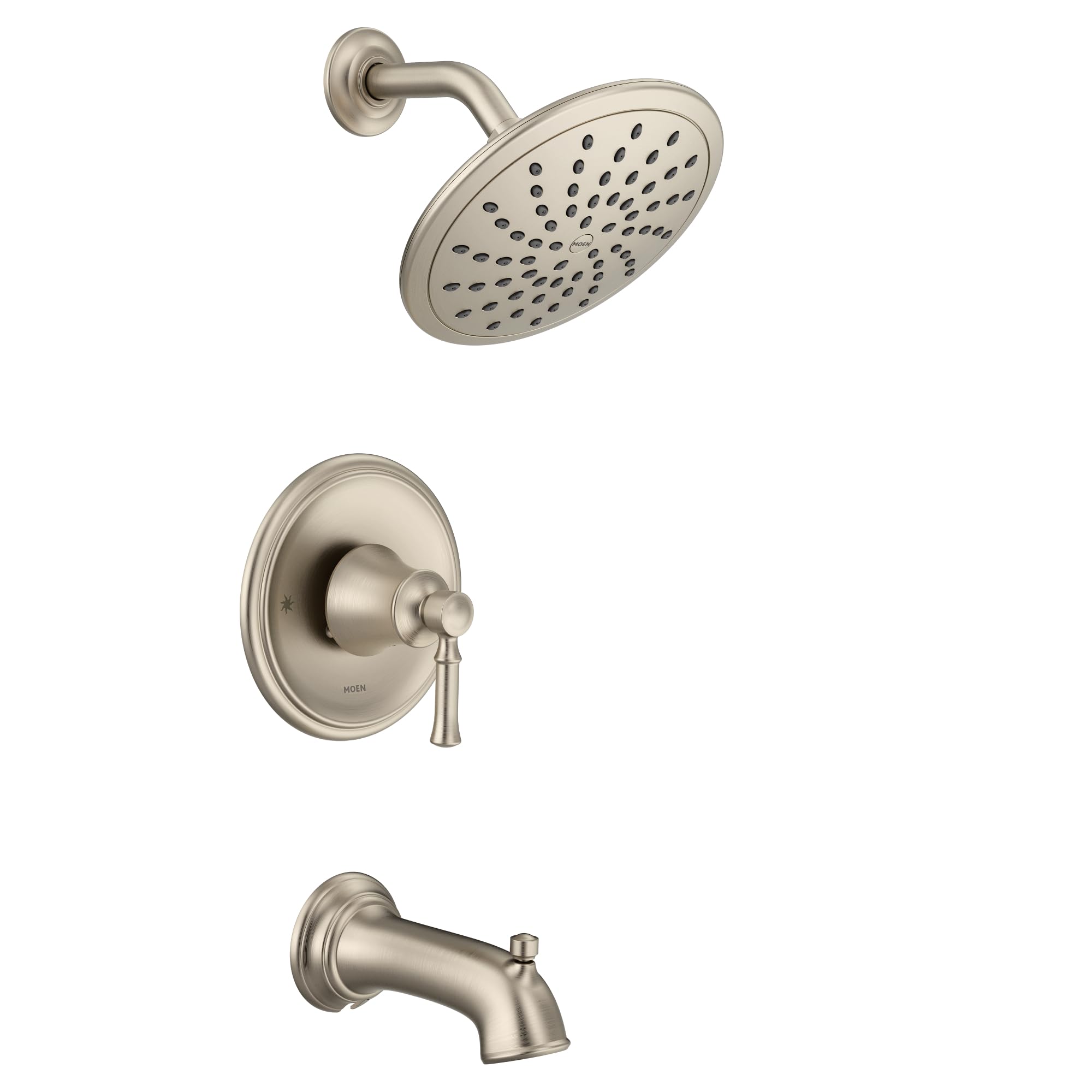 Brushed nickel tub shower faucet system with round rainshower head, wall-mounted trim plate with lever handle, and tub spout.