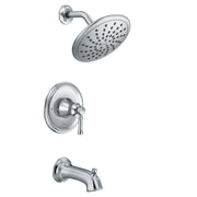 Chrome tub shower faucet system with round rainshower head, wall-mounted control trim, and tub spout.
