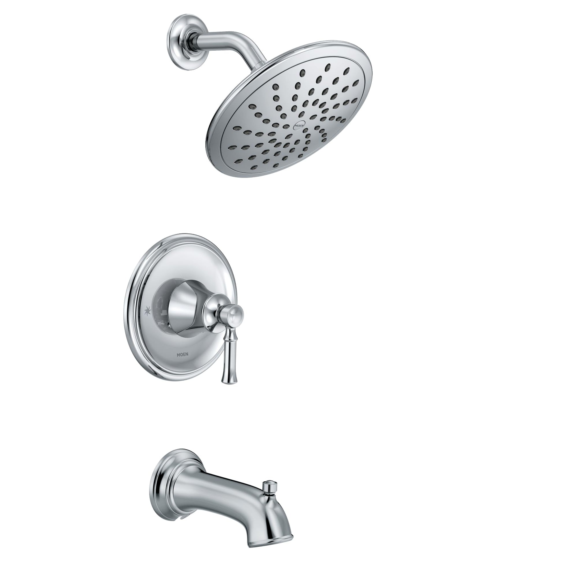 Chrome tub shower faucet system with round rainshower head, wall-mounted control trim, and tub spout.