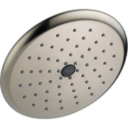 Stainless steel raincan shower head with multiple spray holes and Delta logo in center.
