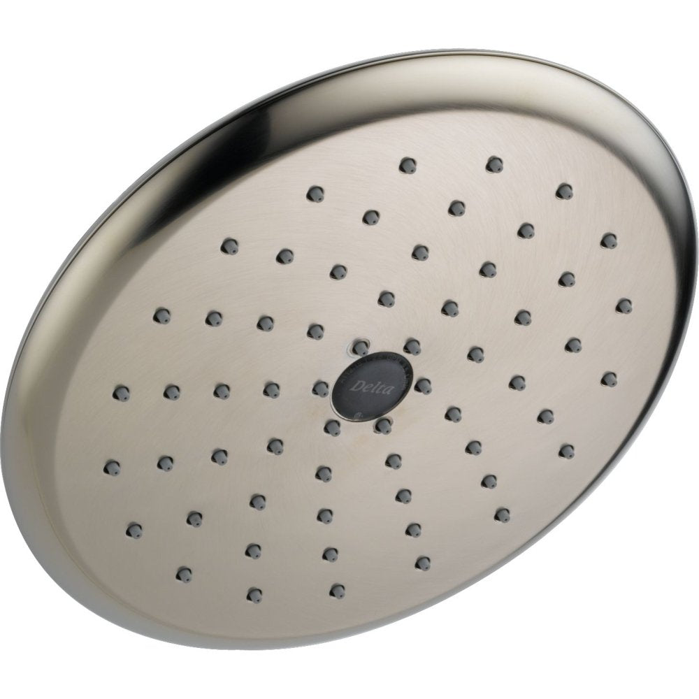Stainless steel raincan shower head with multiple spray holes and Delta logo in center.
