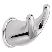 Chrome double robe hook with curved hooks extending from a rounded wall-mounted base.