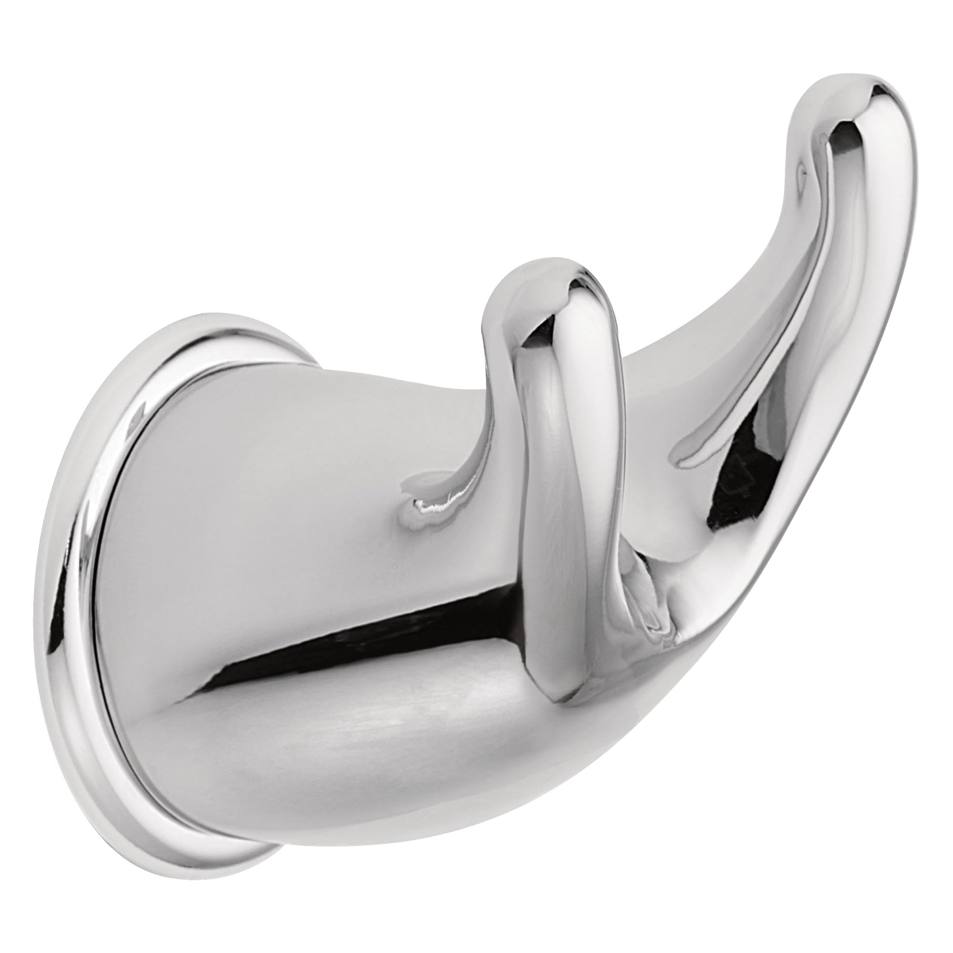 Chrome double robe hook with curved hooks extending from a rounded wall-mounted base.