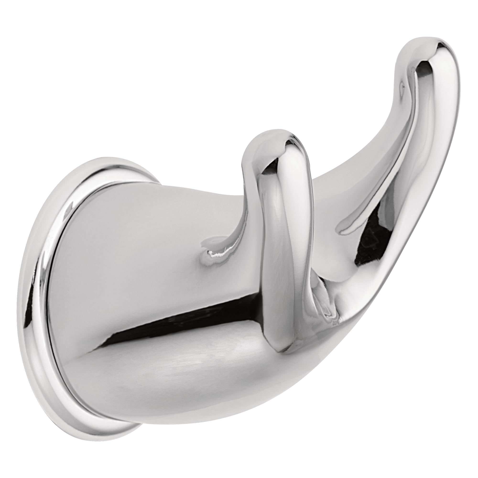 Chrome double robe hook with curved hooks extending from a rounded wall-mounted base.