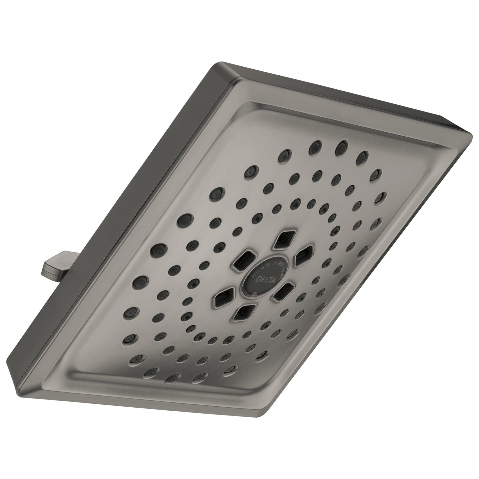 Square chrome shower head with multiple spray holes and mounting bracket.