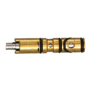 Brass faucet cartridge with black rubber seals and metal inlet connector on white background.