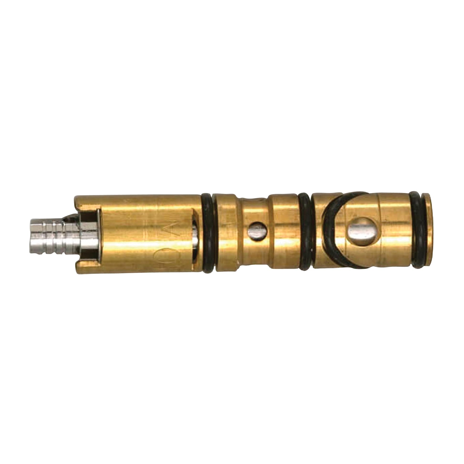 Brass faucet cartridge with black rubber seals and metal inlet connector on white background.