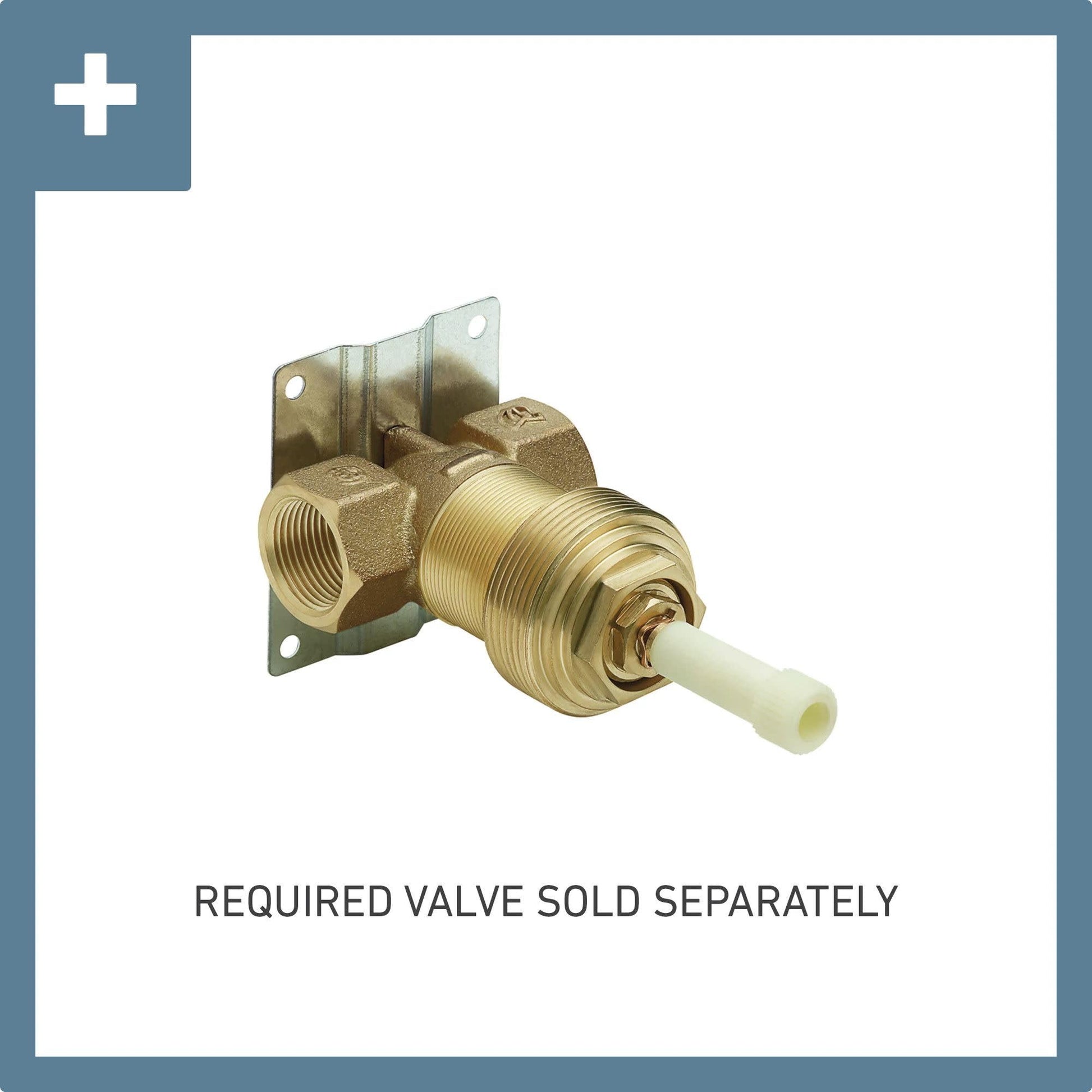 Brass valve trim kit with single handle, mounting plate, and cream-colored stem for wall installation.