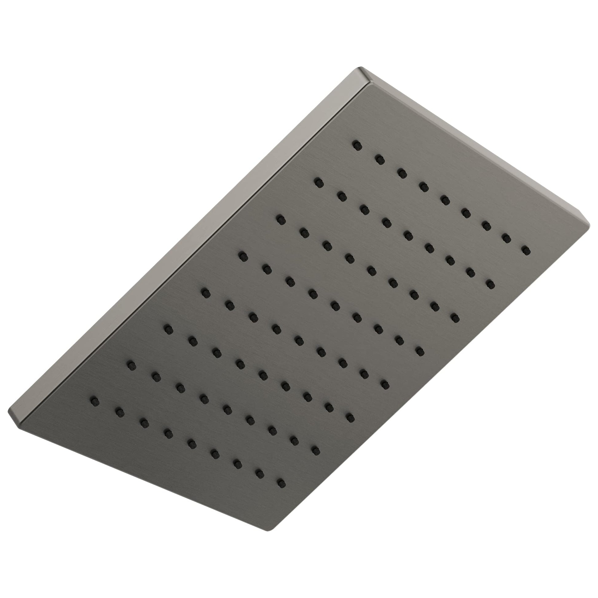 Square metal raincan shower head with multiple spray holes across surface, angled view.