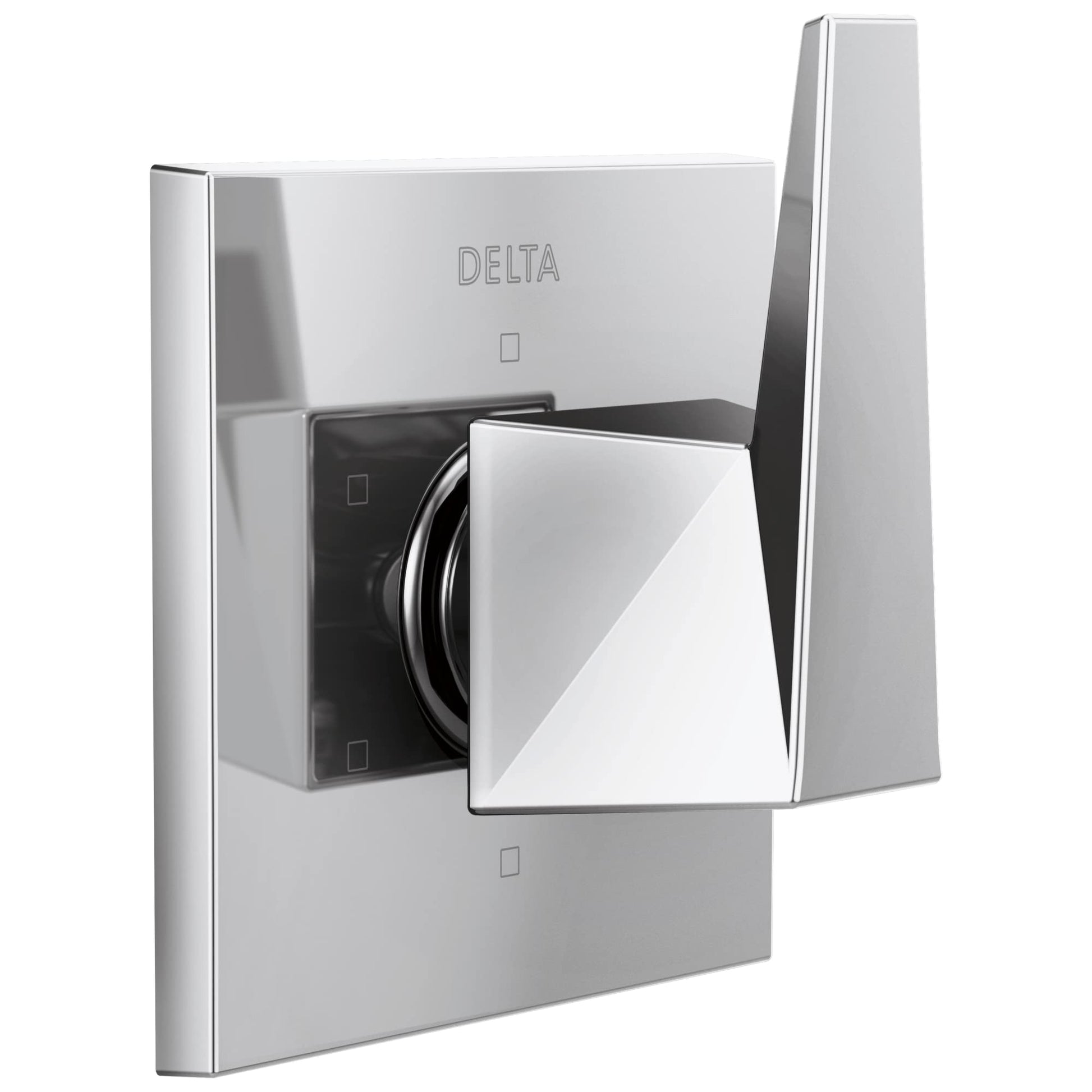 Chrome Delta Trillian diverter trim with square handle and black inner valve visible against white wall plate.