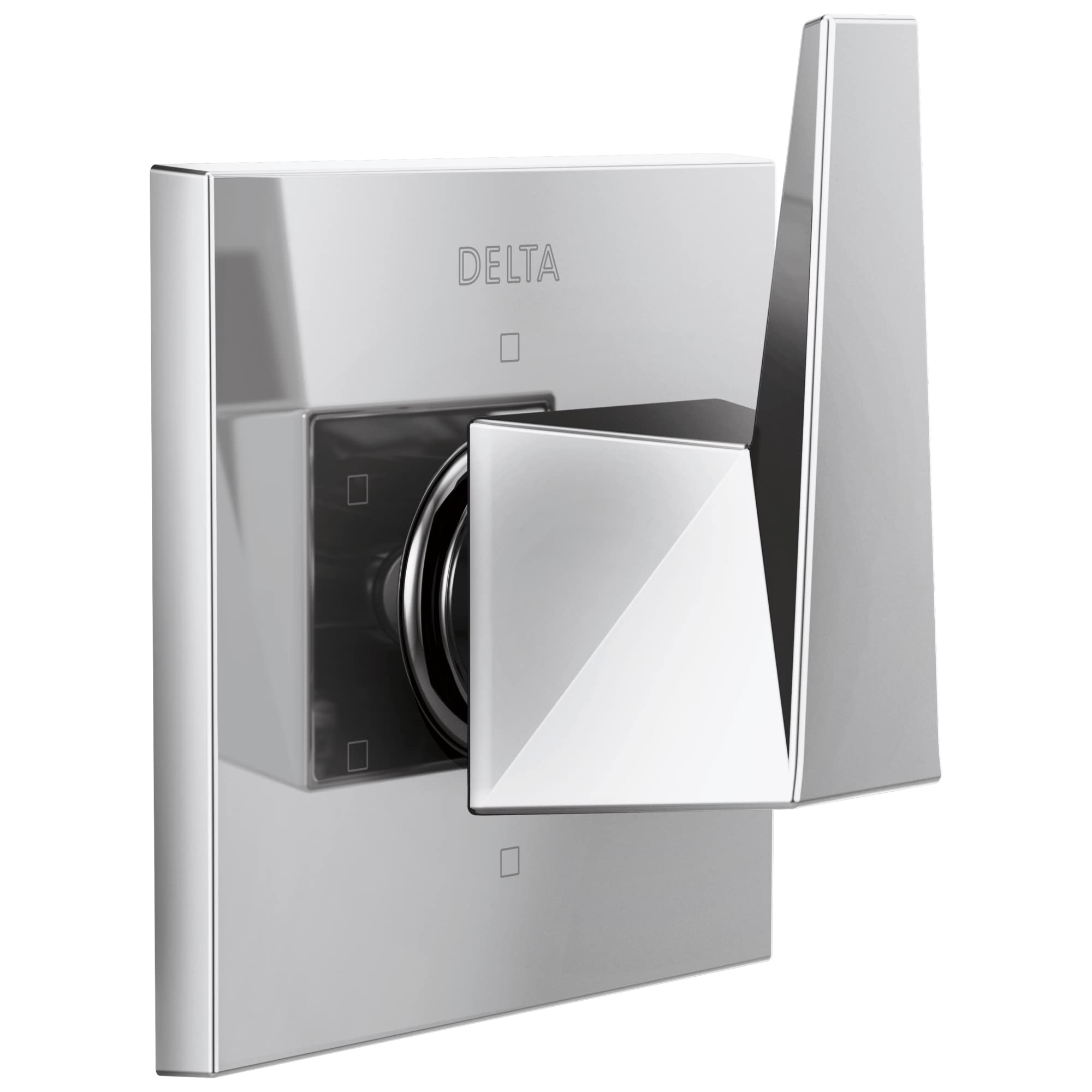 Chrome Delta Trillian diverter trim with square handle and black inner valve visible against white wall plate.