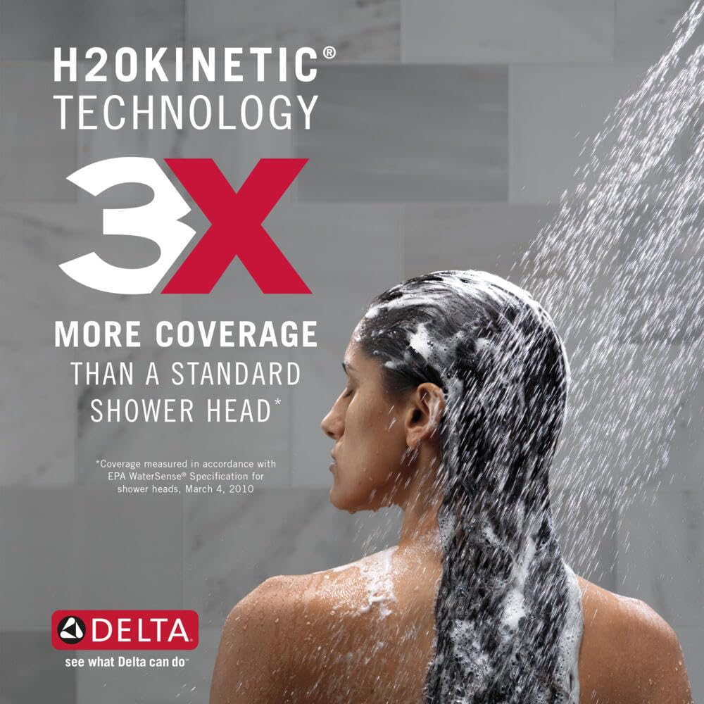 Chrome hand shower with wide spray pattern demonstrating H2Okinetic technology coverage on person's head and shoulders.