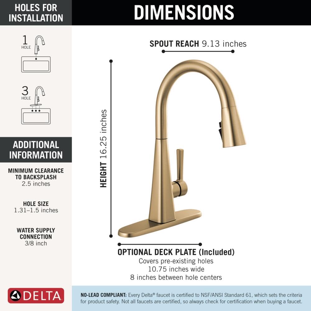 Champagne bronze single-handle pull-down kitchen faucet with curved spout and base deck plate, 16.25 inches tall.