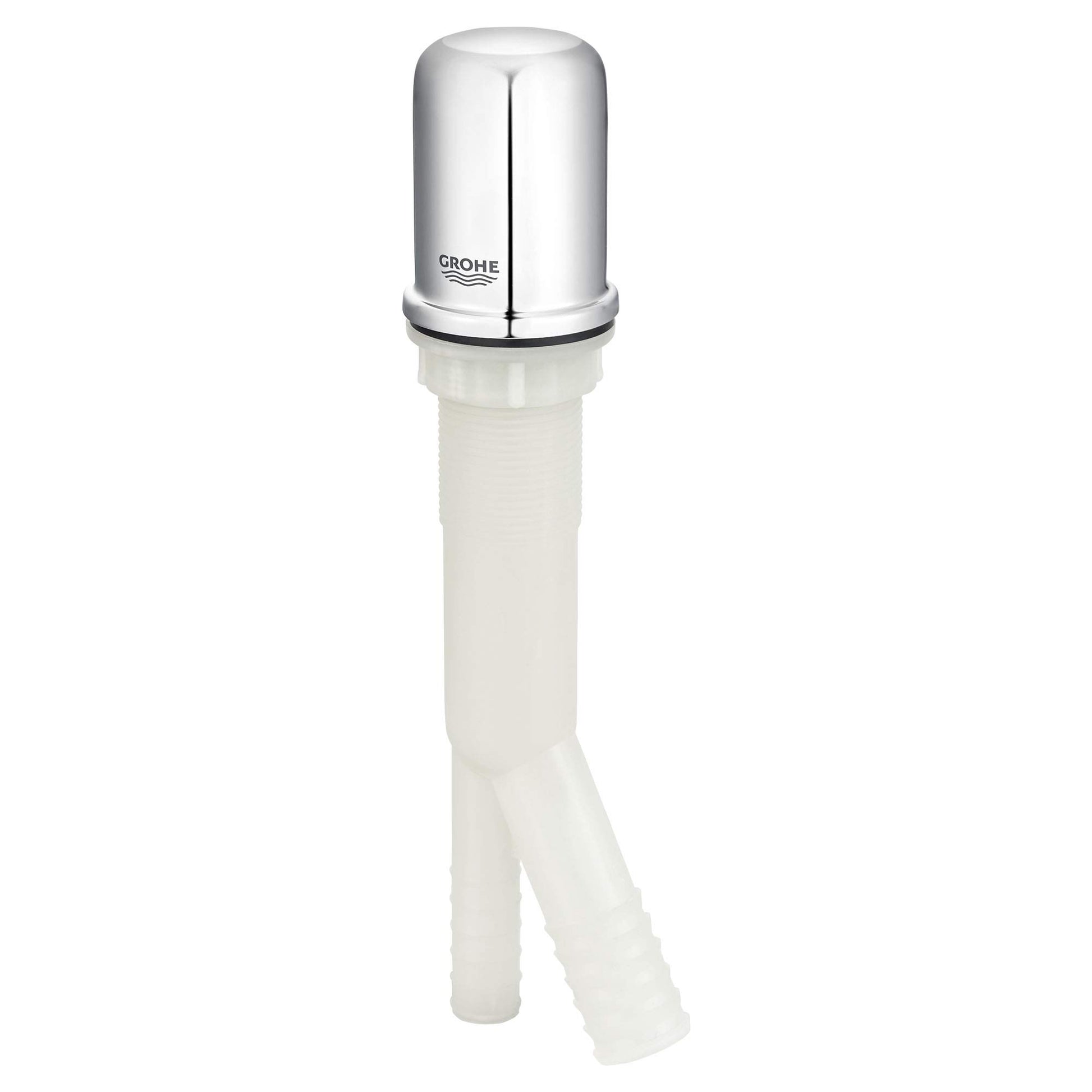 Grohe chrome air gap with white plastic tube and angled discharge outlet for sink installation.