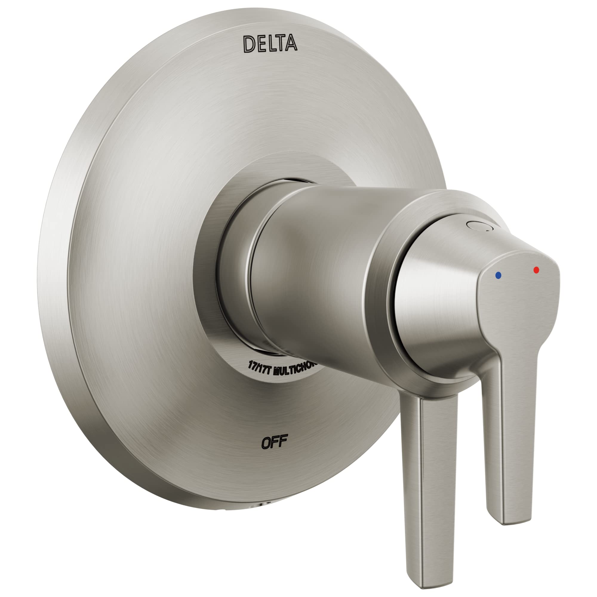 Delta Galeon 17T Series brushed nickel valve trim with round escutcheon plate and lever handle.