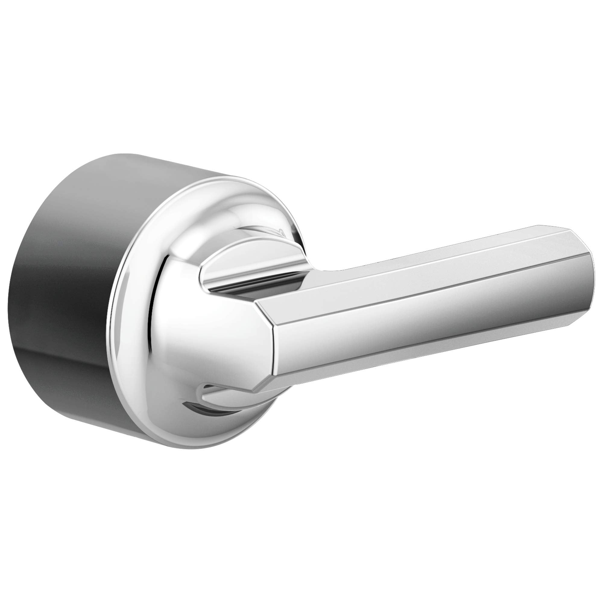 Chrome lever handle with circular escutcheon plate and black accent ring for thermostatic valve trim.