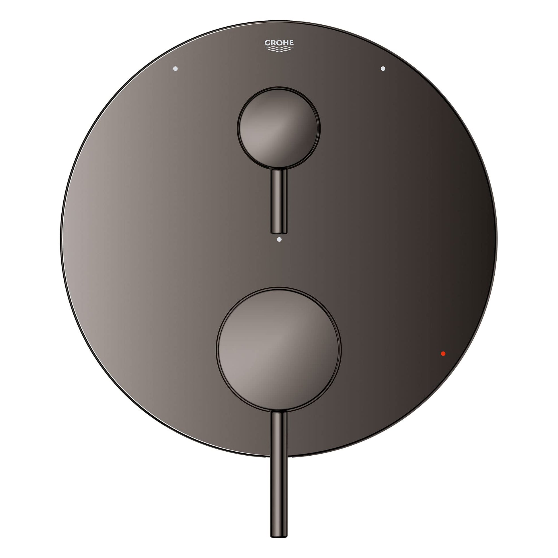 Grohe Timeless hard graphite circular valve trim with two control handles and central diverter lever.