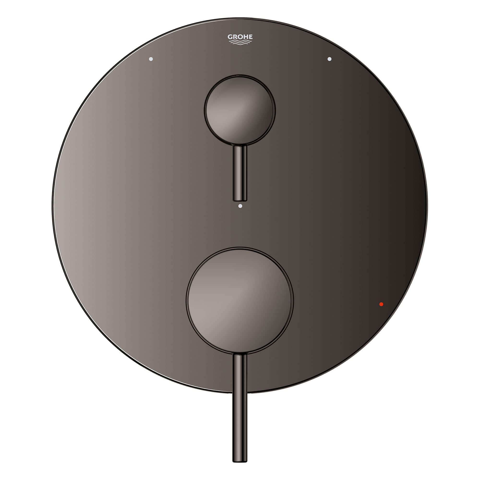Grohe Timeless hard graphite circular valve trim with two control handles and central diverter lever.