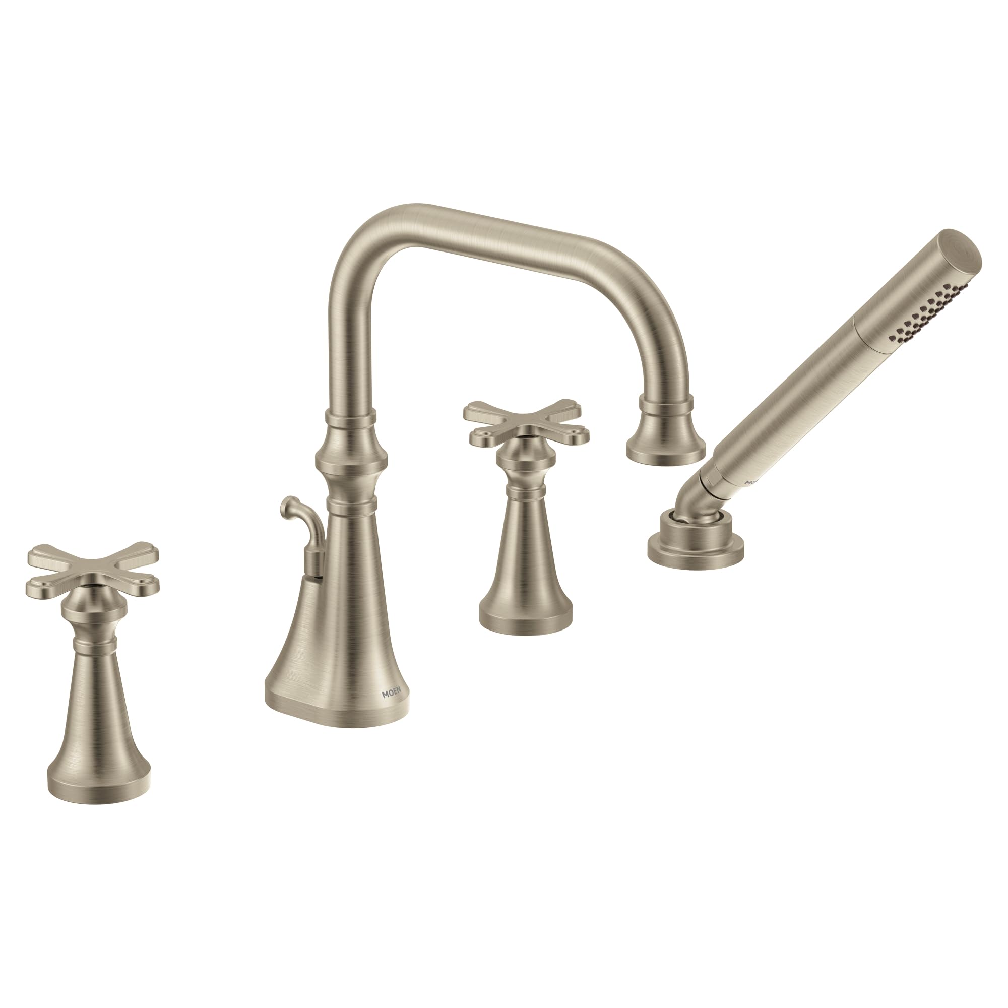 Moen Colinet Two Handle Deck Mount Roman Tub Faucet Trim with Cross Handles and Handshower in Brushed Nickel - TS44506BN