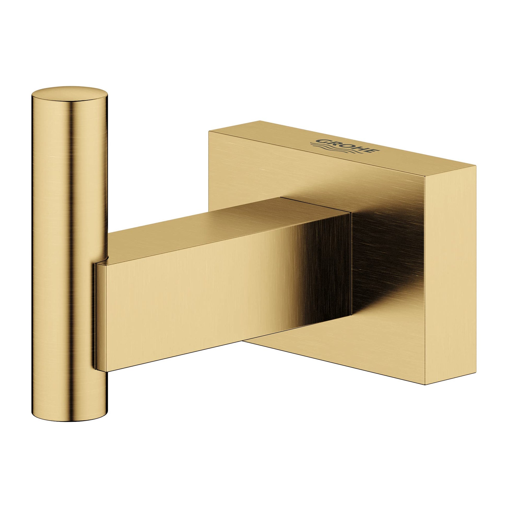 Brushed gold robe hook with cylindrical post and rectangular mounting plate, featuring a horizontal arm for hanging.