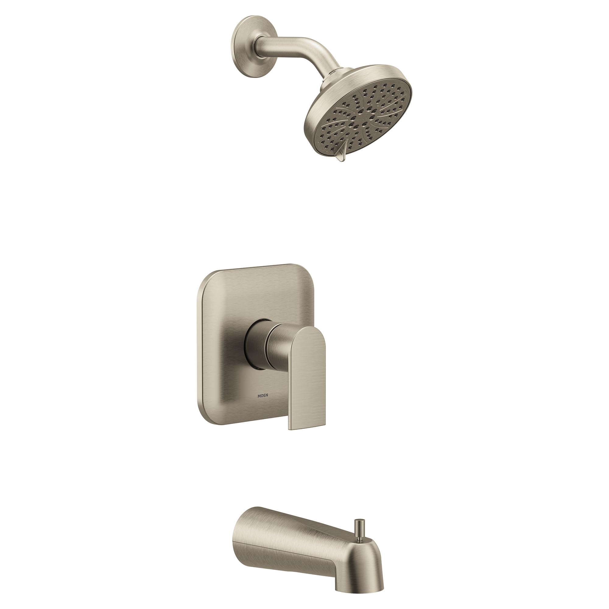 Brushed nickel tub and shower trim kit with single handle valve, overhead showerhead, and tub spout.