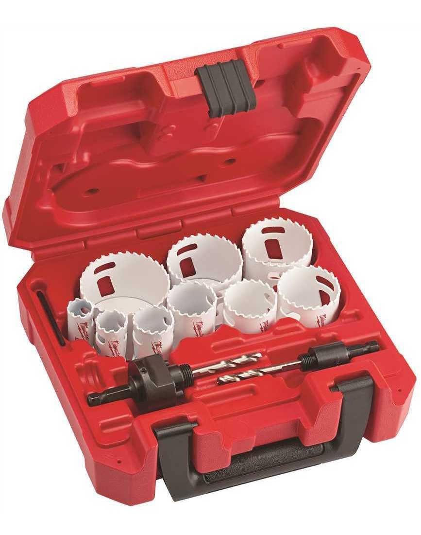 Red plastic case containing 13-piece hole saw kit with white and cream-colored saw bits and black drill arbor attachment.