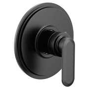 Matte black single-handle bathtub and shower valve trim with round escutcheon plate and lever handle.