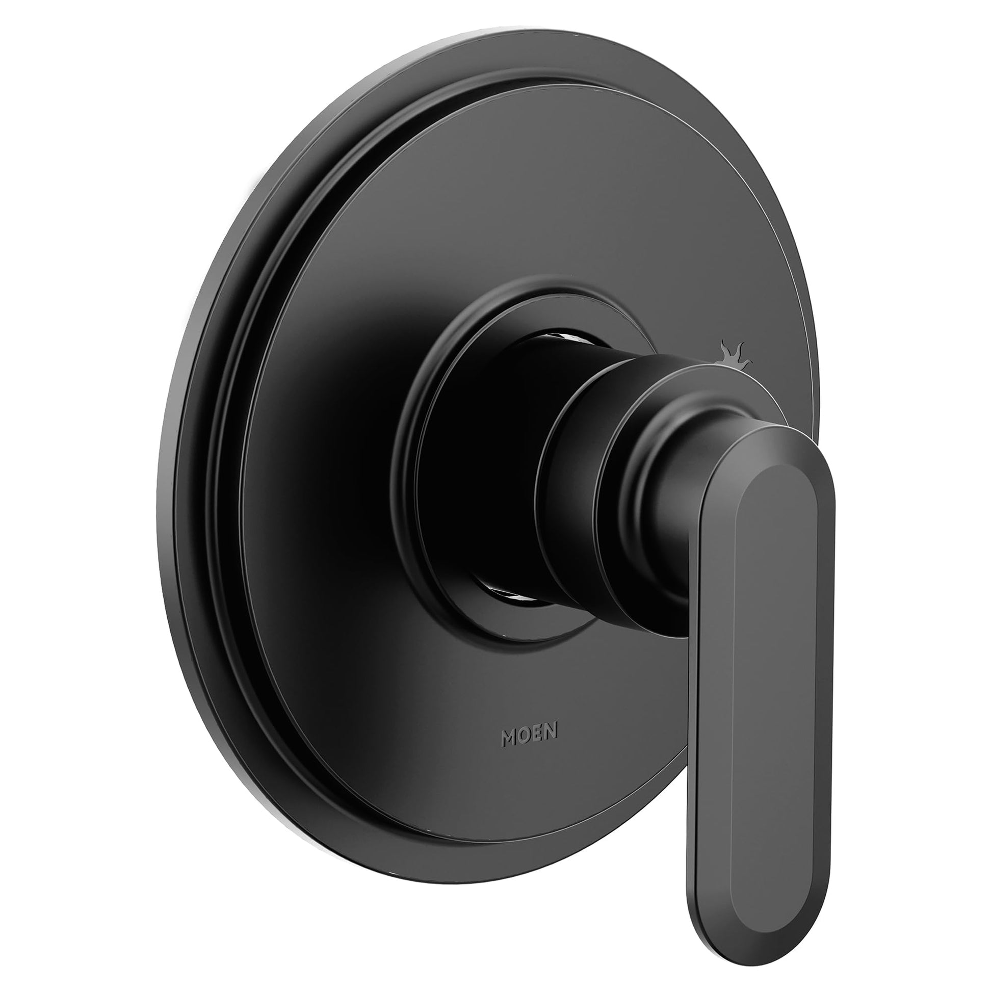Matte black single-handle bathtub and shower valve trim with round escutcheon plate and lever handle.
