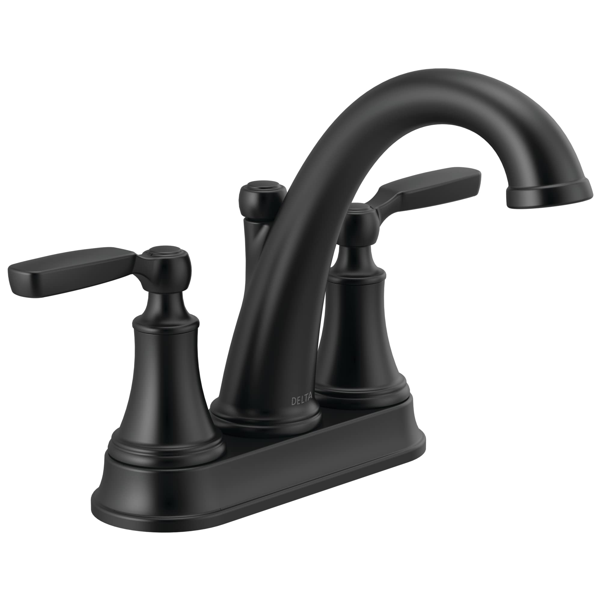 Black two-handle bathroom faucet with curved spout and lever handles on rectangular base.