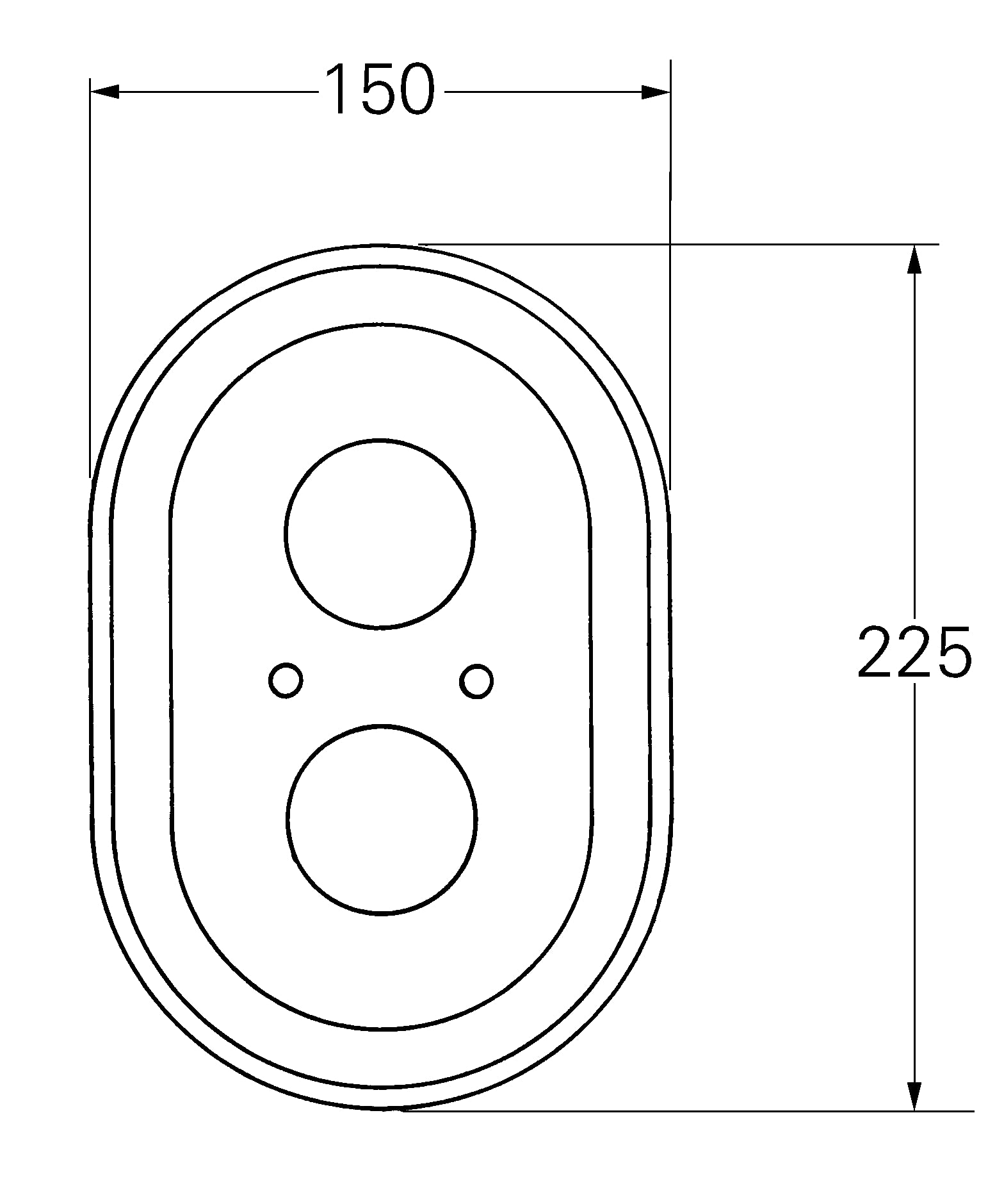 Oval chrome escutcheon plate with two circular openings and mounting holes, 150mm wide by 225mm tall.