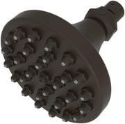 Oil rubbed bronze shower head with multiple spray jets and cylindrical arm connector.