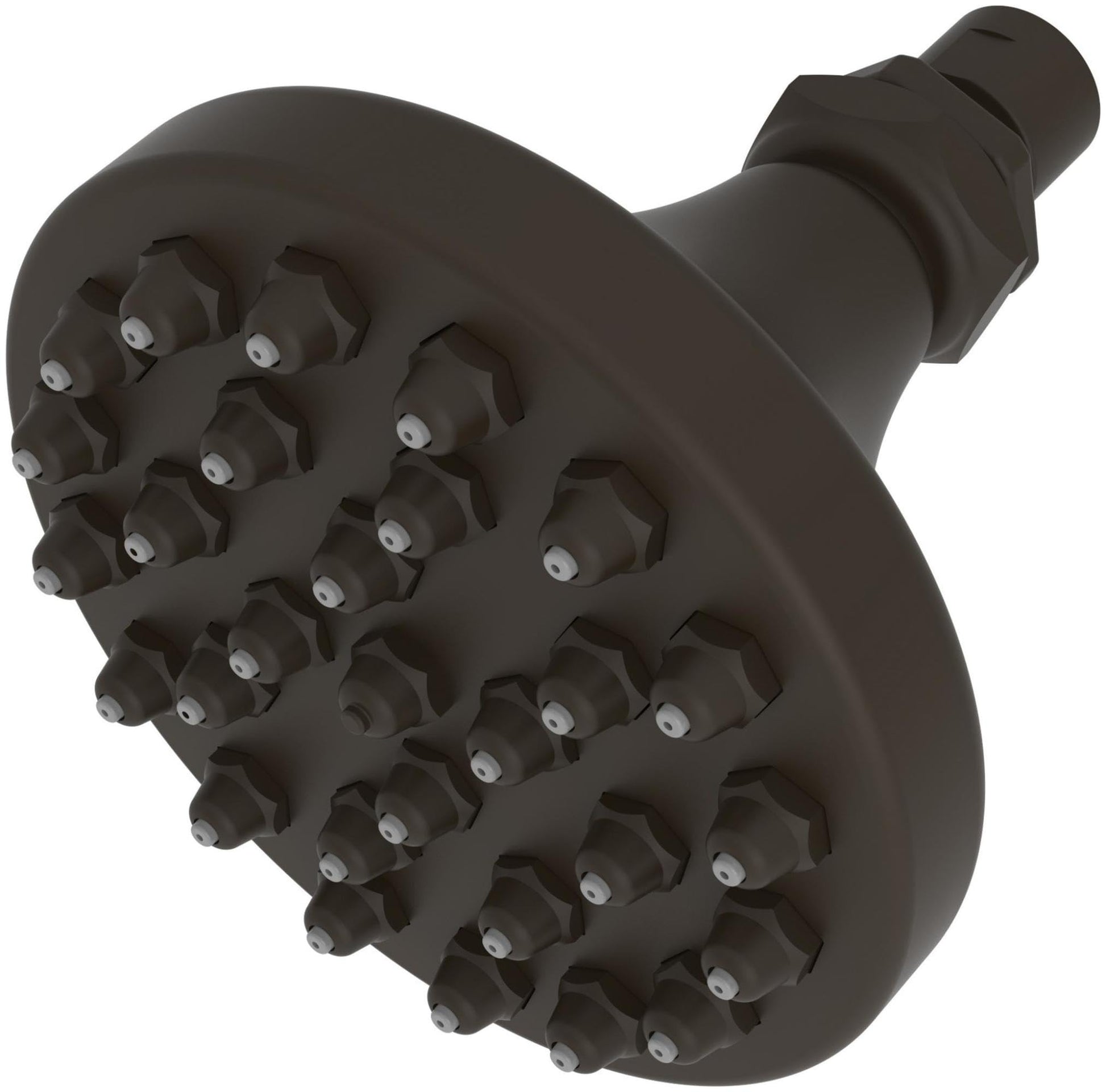 Oil rubbed bronze shower head with multiple spray jets and cylindrical arm connector.