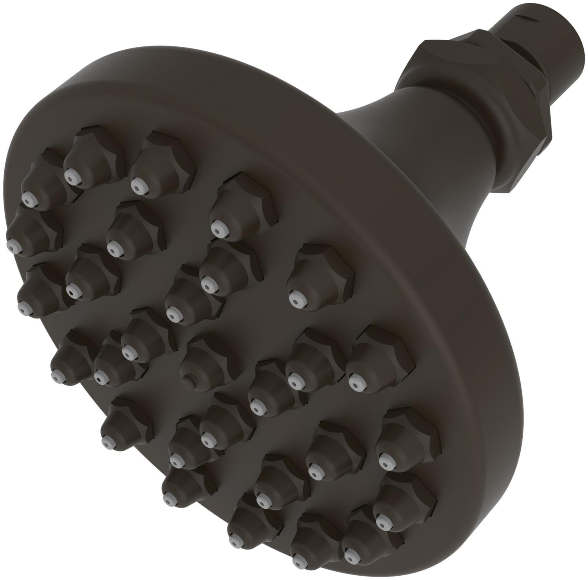 Oil rubbed bronze shower head with multiple spray jets and cylindrical arm connector.