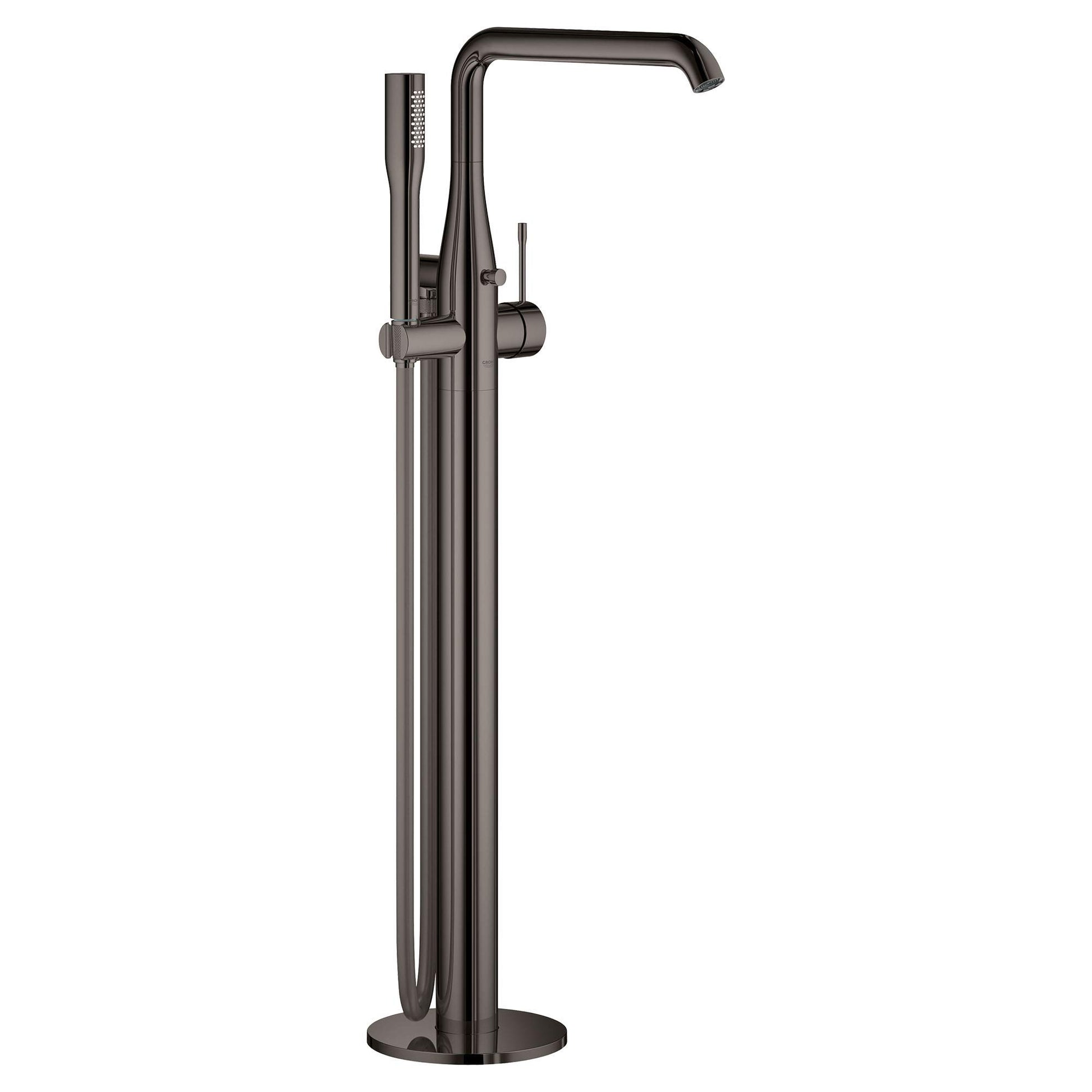Dark graphite freestanding tub faucet with single handle, curved spout, and detachable hand shower on hose.