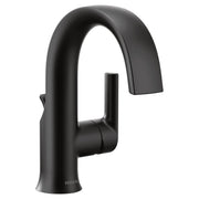 Matte black single-handle bathroom faucet with high arc spout and cylindrical handle.