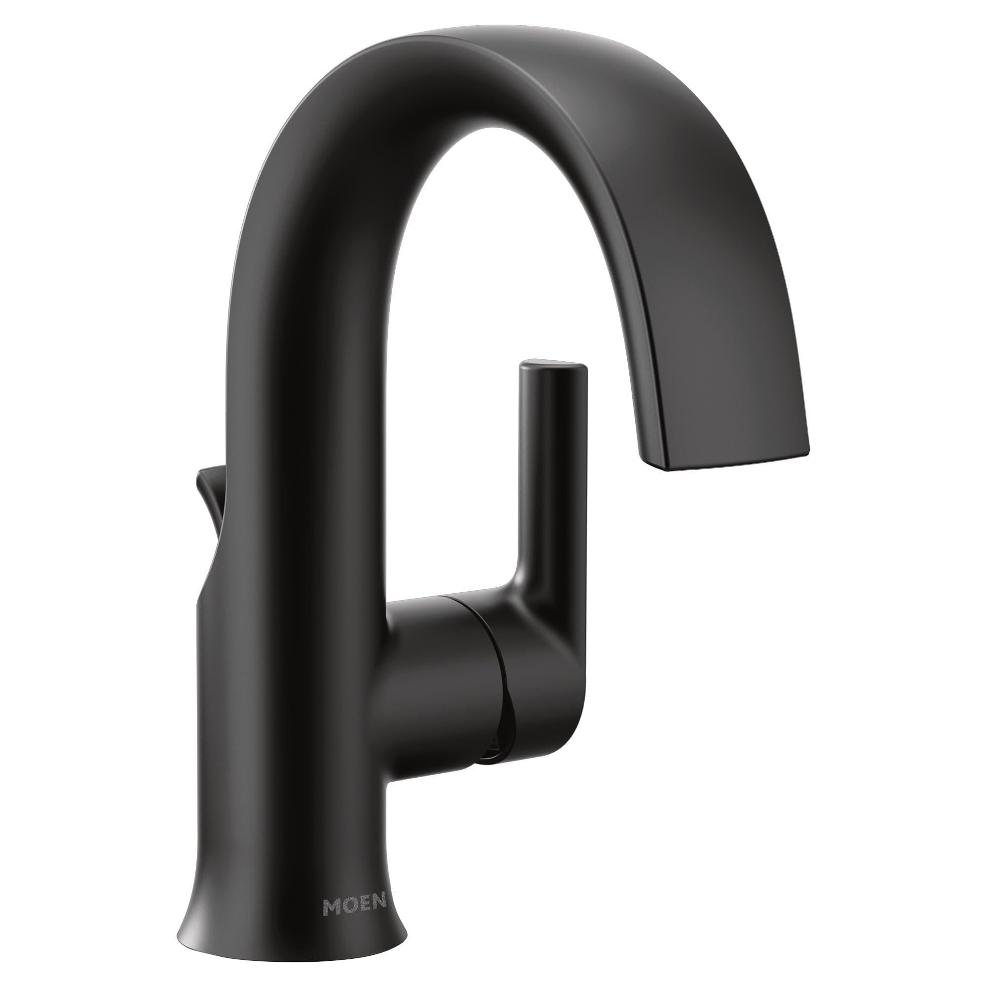 Matte black single-handle bathroom faucet with high arc spout and cylindrical handle.