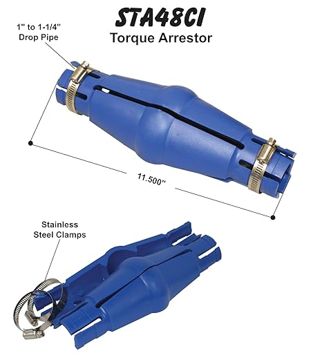 Blue torque arrestor with stainless steel clamps for well pipes, shown from top and bottom angles with dimensions labeled.