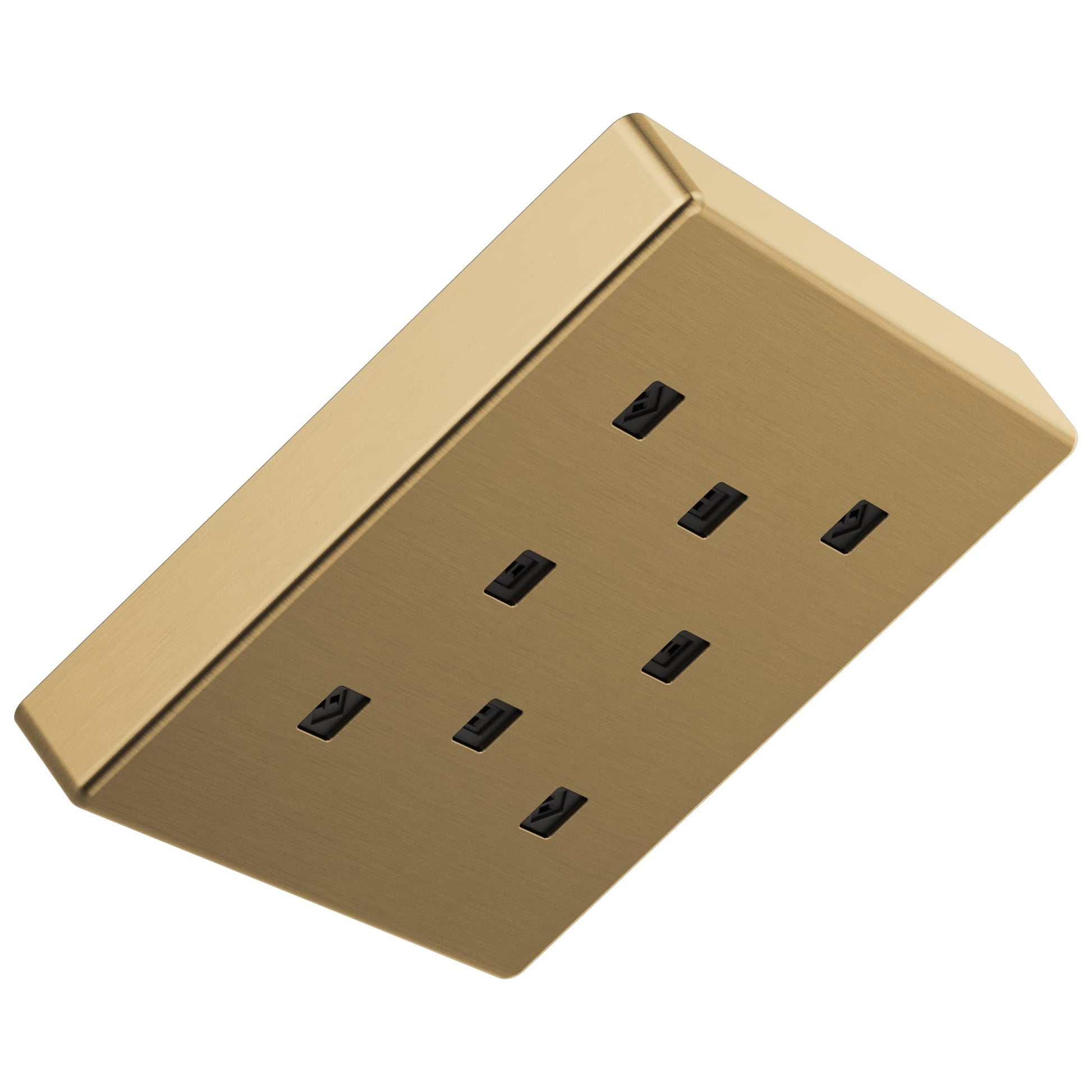 Square brushed gold metal raincan shower head with multiple small water jets visible on underside.