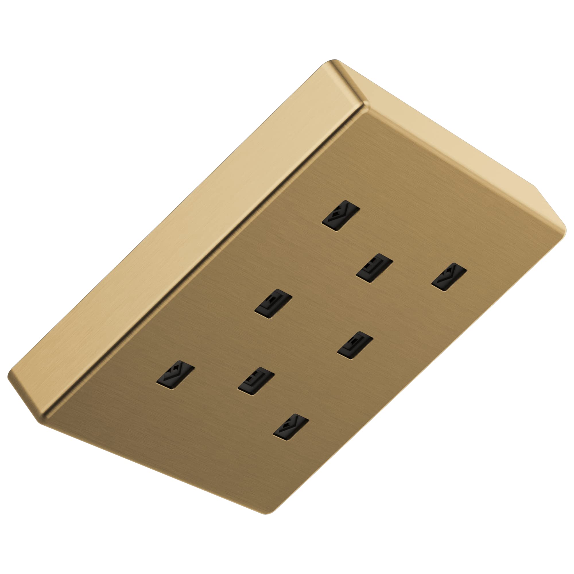 Square brushed gold metal raincan shower head with multiple small water jets visible on underside.