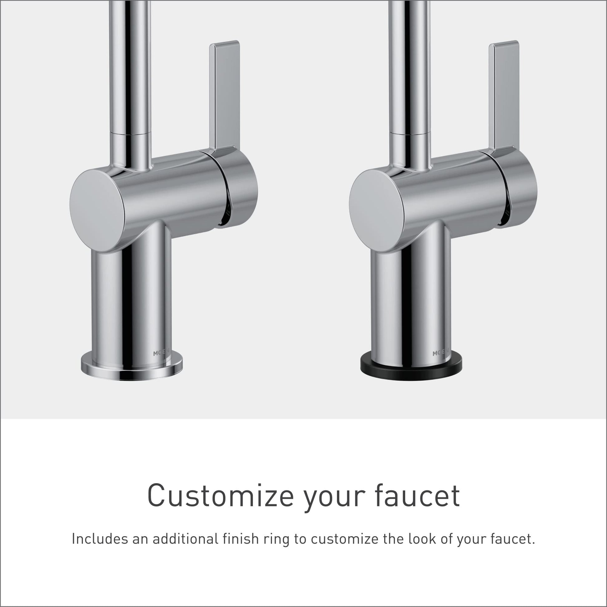 Chrome single-handle bathroom sink faucet with tall spout and optional deck plate shown in two finish configurations.