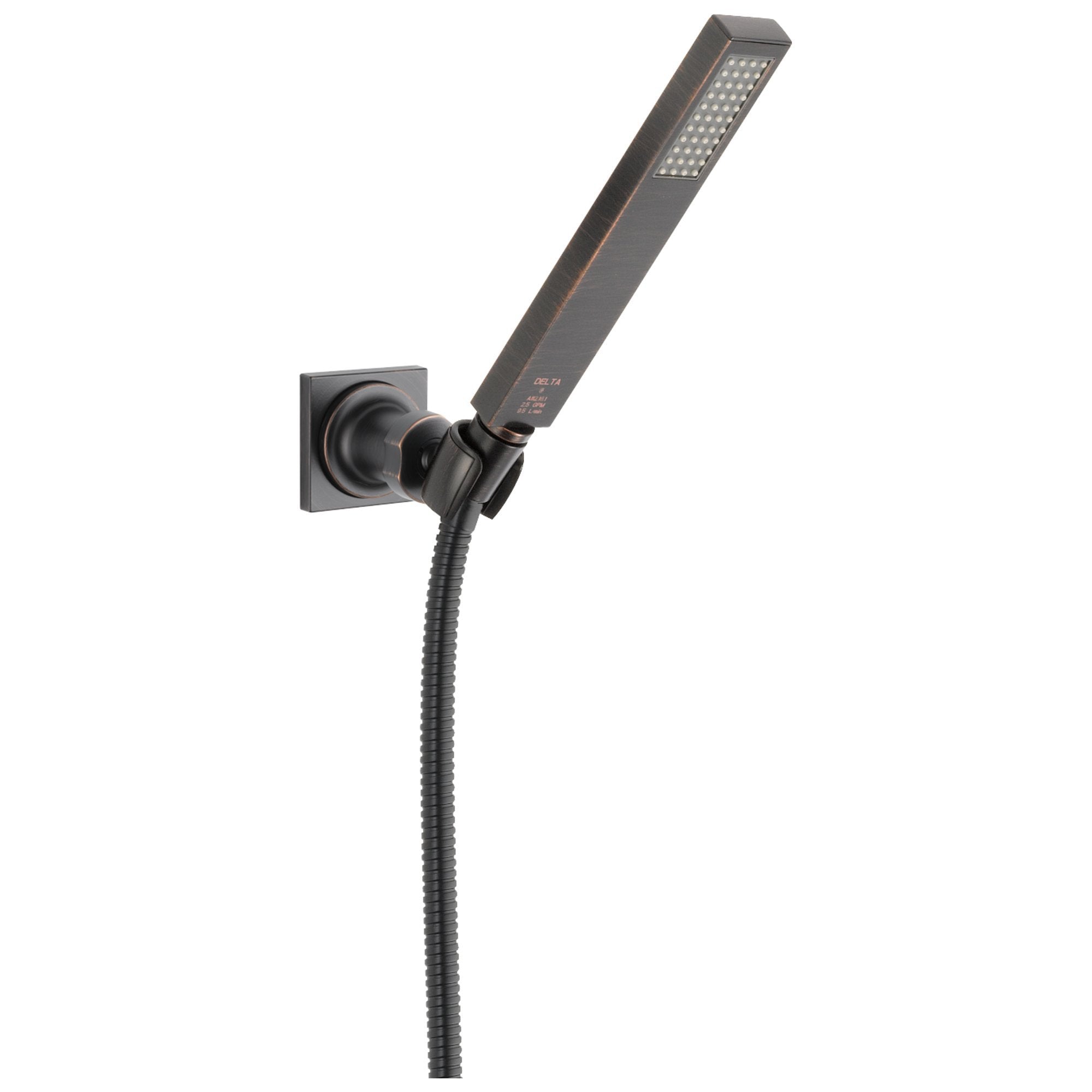 Matte black rectangular hand shower head with perforated spray pattern mounted on adjustable wall bracket with hose.