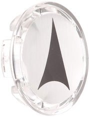 Clear plastic circular button with black arrow pointing upward and white brushed metal face.