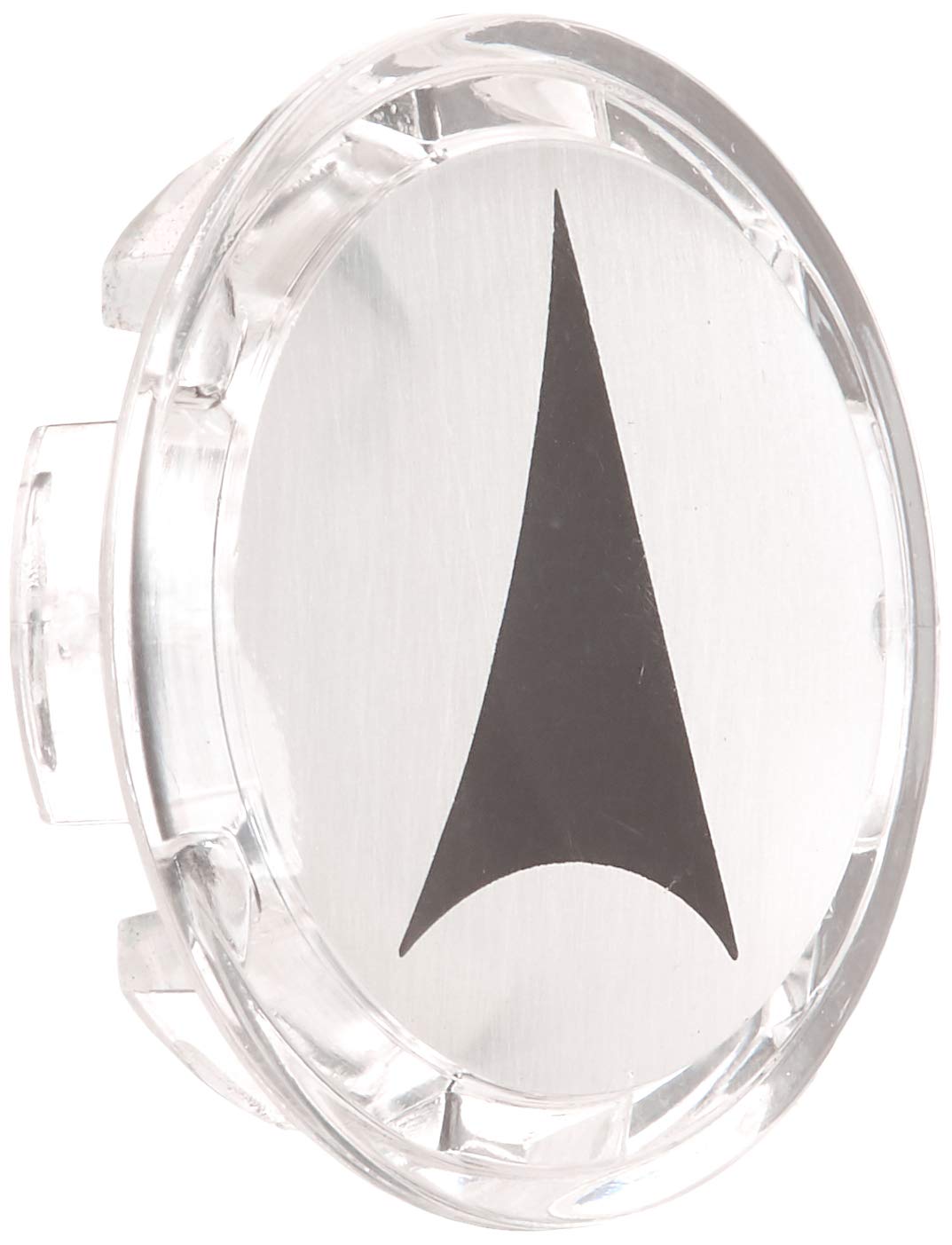 Clear plastic circular button with black arrow pointing upward and white brushed metal face.