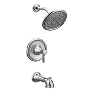 Chrome tub and shower trim kit with round showerhead, wall-mounted control handle, and tub spout.