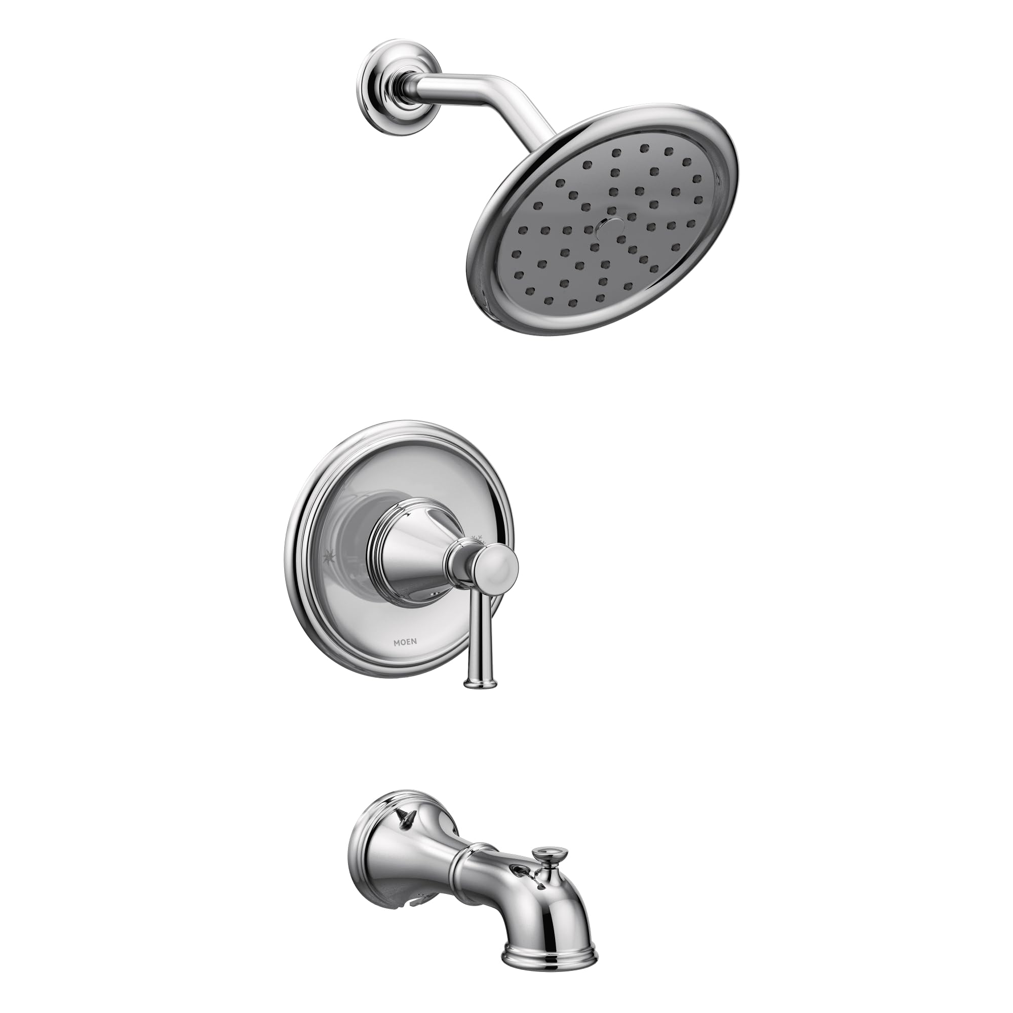 Chrome tub and shower trim kit with round showerhead, wall-mounted control handle, and tub spout.