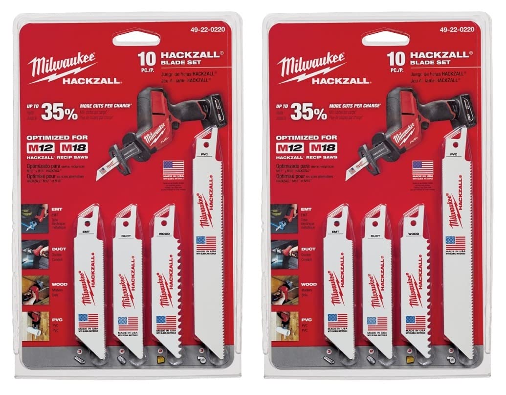 Milwaukee Hackzall 10-blade set in red and white packaging with assorted blade types for cutting drywall, wood, and PVC.